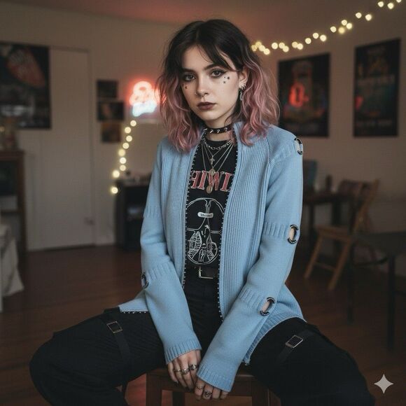 Just B Crystal Grommet Ribbed Zip Cardigan Sweater M Baby Blue E-Girl Y2K - Picture 1 of 12